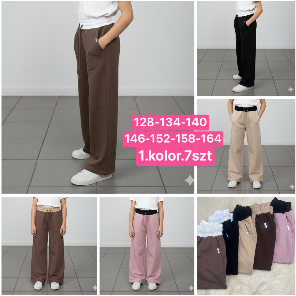 Spodnie dziewczęce Roz 128-164, 1 kolor Paczka 7 szt